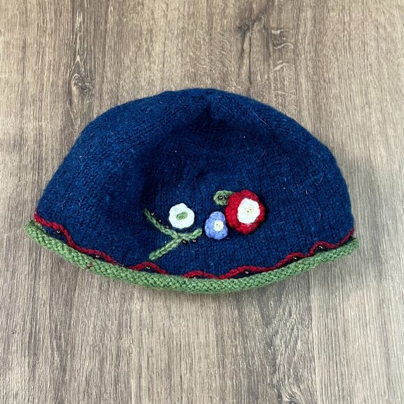 Newari Hat  Navy Wool Beanie Hat Floral Embellished Knit Fleece Lined Icelandic - Picture 8 of 9